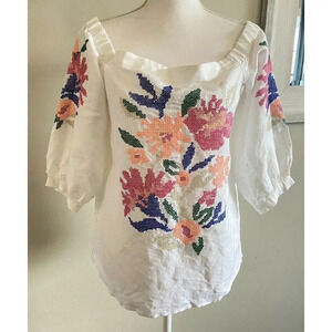 NWT Ann Taylor Linen Shirt Blouse Cream Pink Cross Stitch XS New